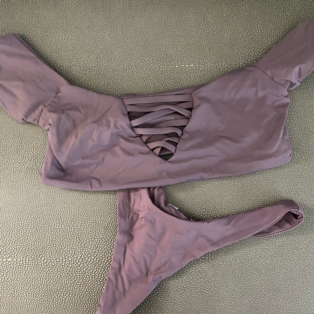 Purple thong, off the shoulder bikini